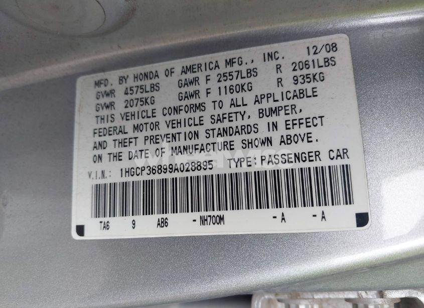 Photo 9 of 2009 Honda Accord 3.5 EX-L (VIN 1HGCP36899A028895)