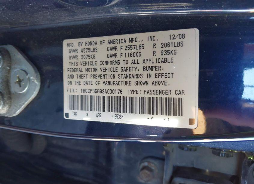 Photo 9 of 2009 Honda Accord 3.5 EX-L (VIN 1HGCP36899A030176)