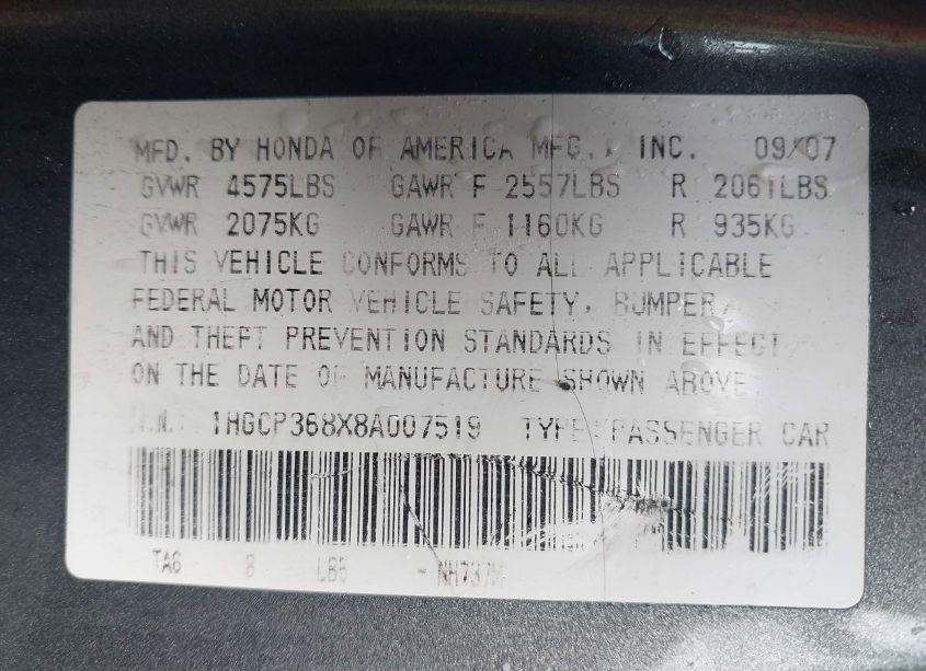 Photo 9 of 2008 Honda Accord 3.5 EX-L (VIN 1HGCP368X8A007519)