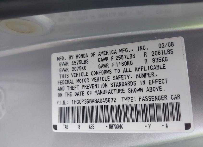 Photo 9 of 2008 Honda Accord 3.5 EX-L (VIN 1HGCP368X8A045672)
