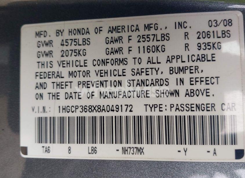 Photo 9 of 2008 Honda Accord 3.5 EX-L (VIN 1HGCP368X8A049172)