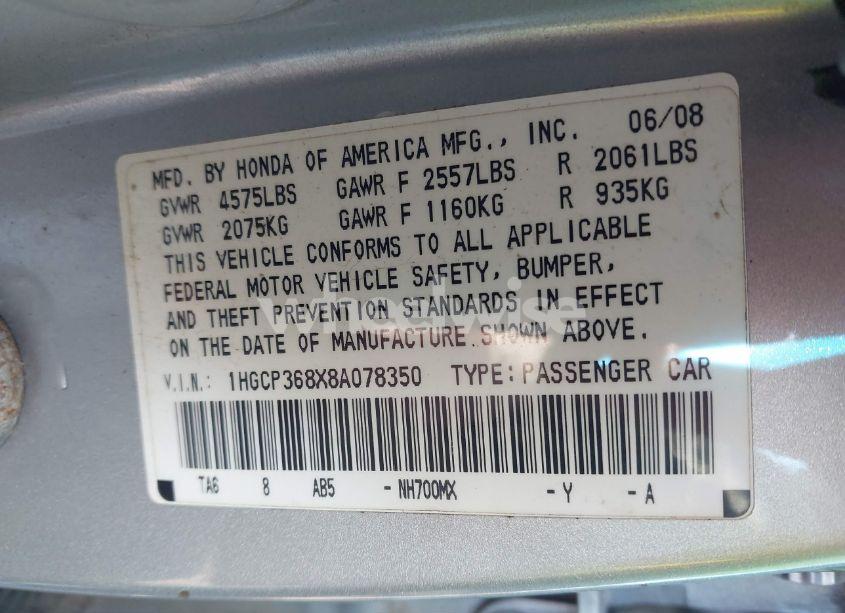 Photo 9 of 2008 Honda Accord 3.5 EX-L (VIN 1HGCP368X8A078350)