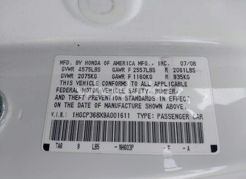 Photo 9 of 2009 Honda Accord 3.5 EX-L (VIN 1HGCP368X9A001611)