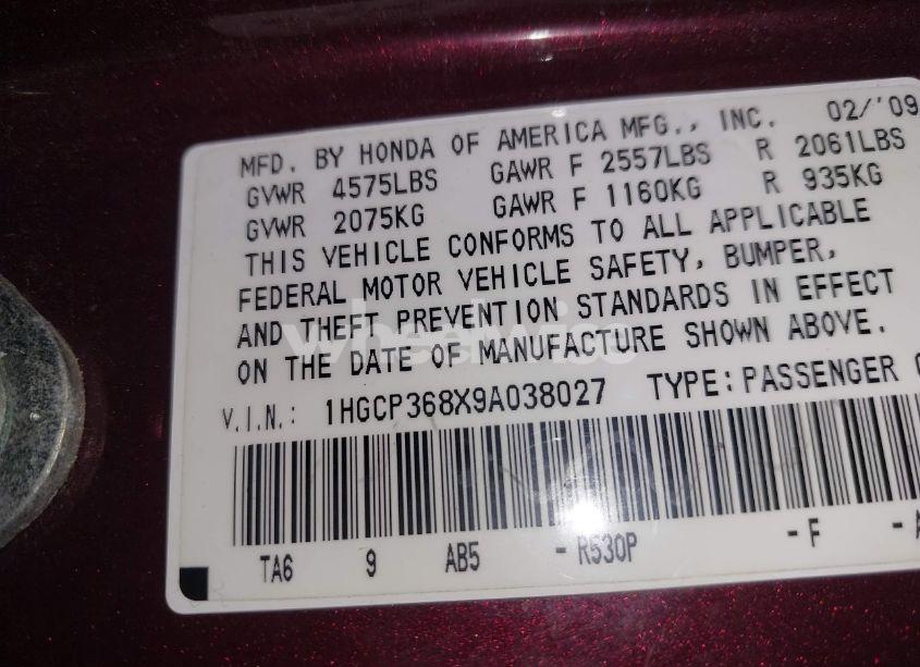 Photo 9 of 2009 Honda Accord 3.5 EX-L (VIN 1HGCP368X9A038027)