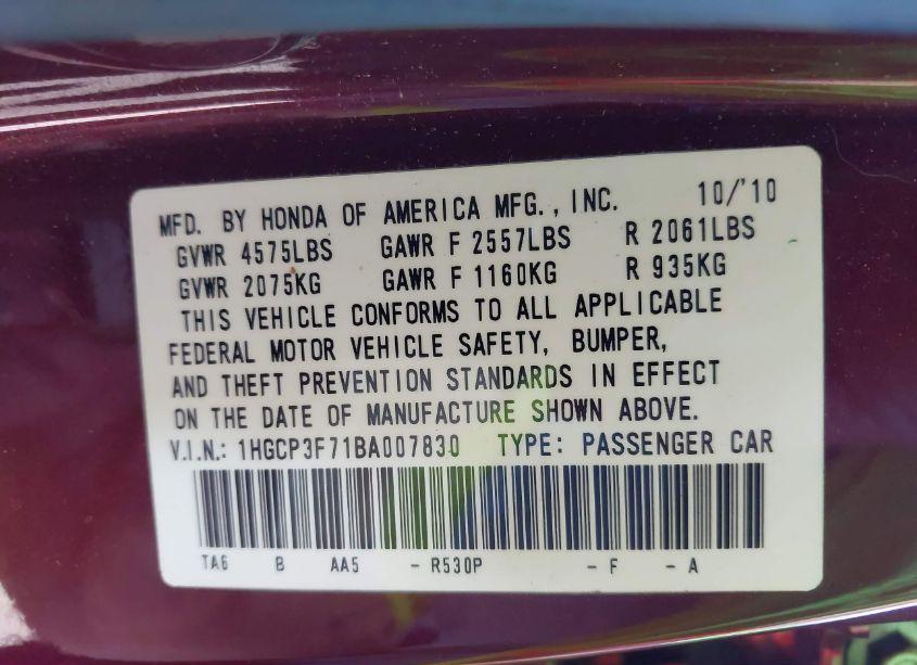 Photo 9 of 2011 Honda Accord 3.5 EX (VIN 1HGCP3F71BA007830)