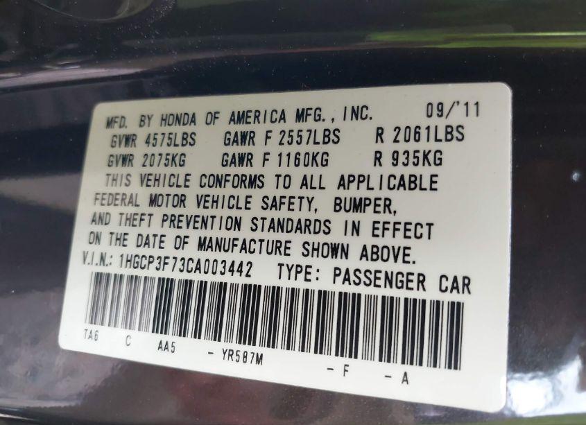 Photo 9 of 2012 Honda Accord 3.5 EX (VIN 1HGCP3F73CA003442)