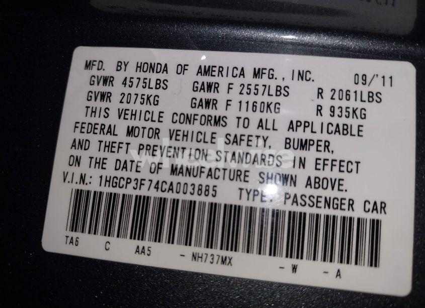Photo 9 of 2012 Honda Accord 3.5 EX (VIN 1HGCP3F74CA003885)