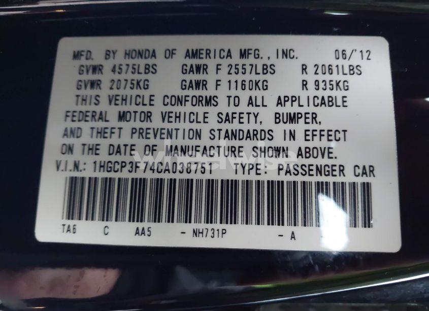 Photo 9 of 2012 Honda Accord 3.5 EX (VIN 1HGCP3F74CA038751)