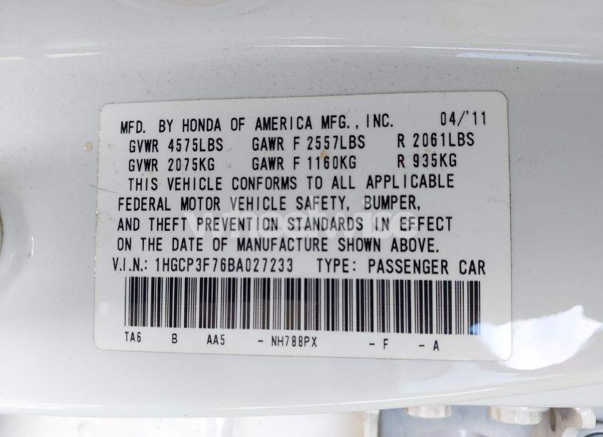 Photo 9 of 2011 Honda Accord 3.5 EX (VIN 1HGCP3F76BA027233)