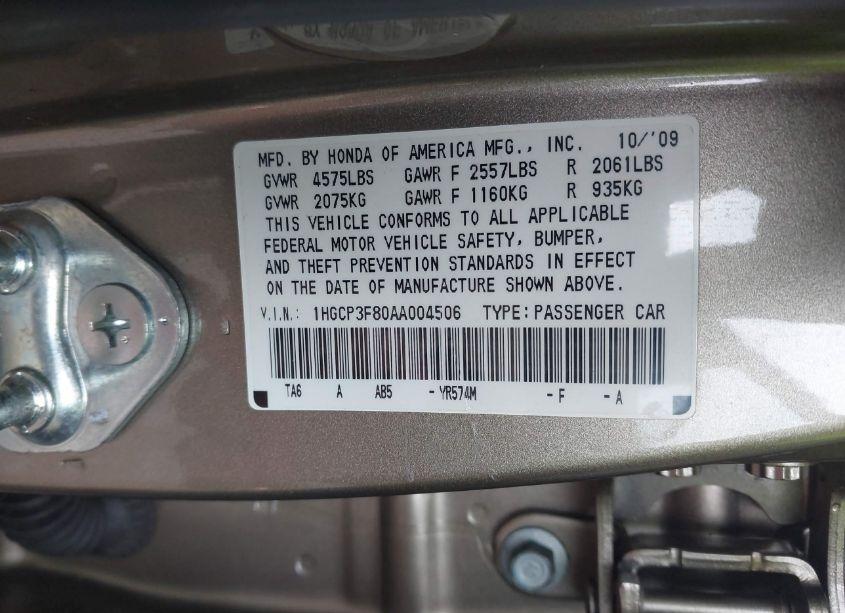 Photo 9 of 2010 Honda Accord 3.5 EX-L (VIN 1HGCP3F80AA004506)