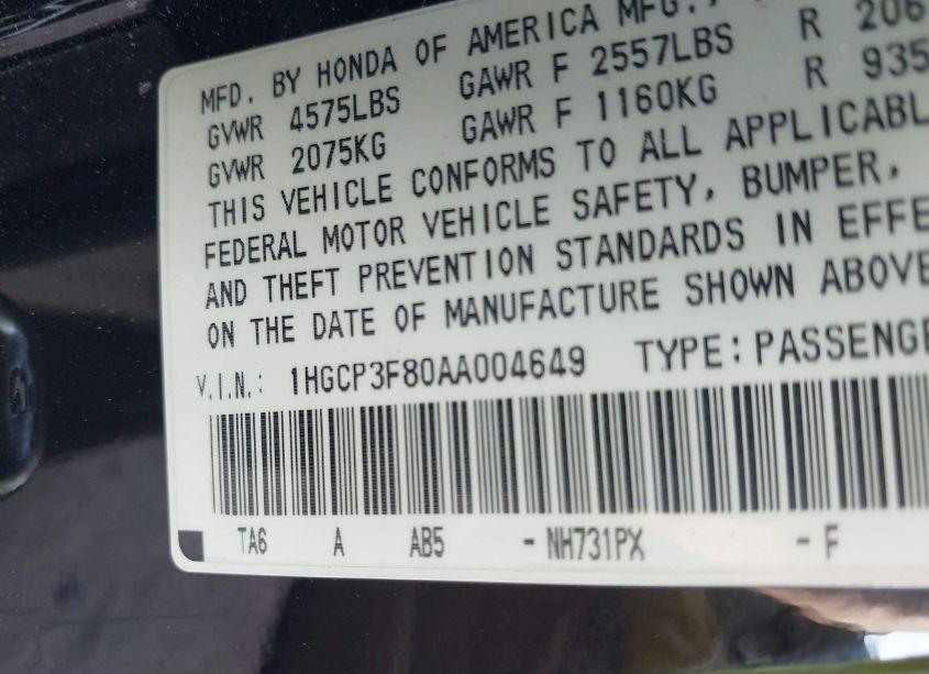 Photo 9 of 2010 Honda Accord 3.5 EX-L (VIN 1HGCP3F80AA004649)