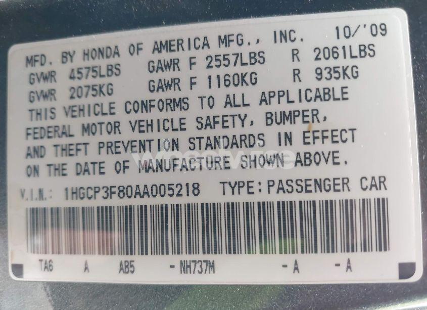 Photo 9 of 2010 Honda Accord 3.5 EX-L (VIN 1HGCP3F80AA005218)