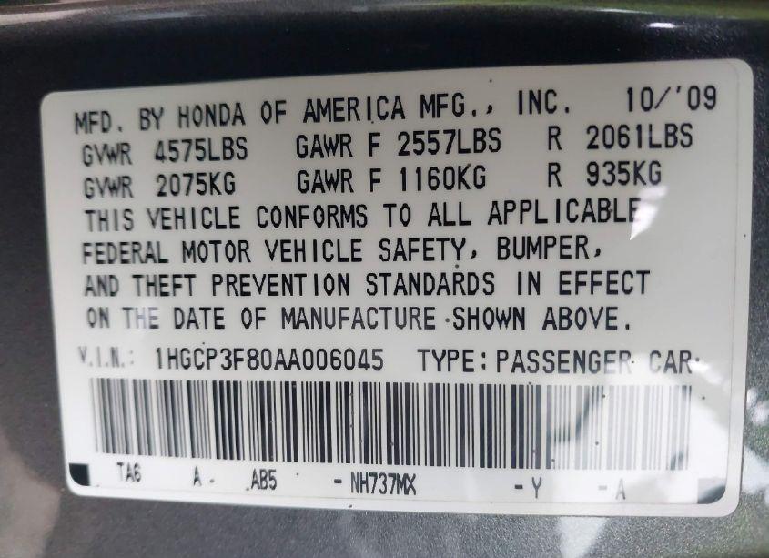 Photo 9 of 2010 Honda Accord 3.5 EX-L (VIN 1HGCP3F80AA006045)