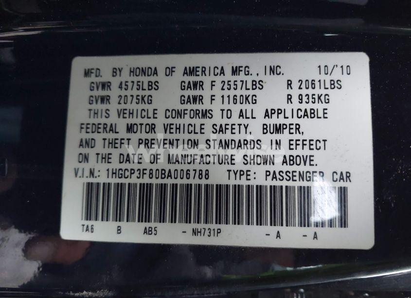 Photo 9 of 2011 Honda Accord 3.5 EX-L (VIN 1HGCP3F80BA006788)