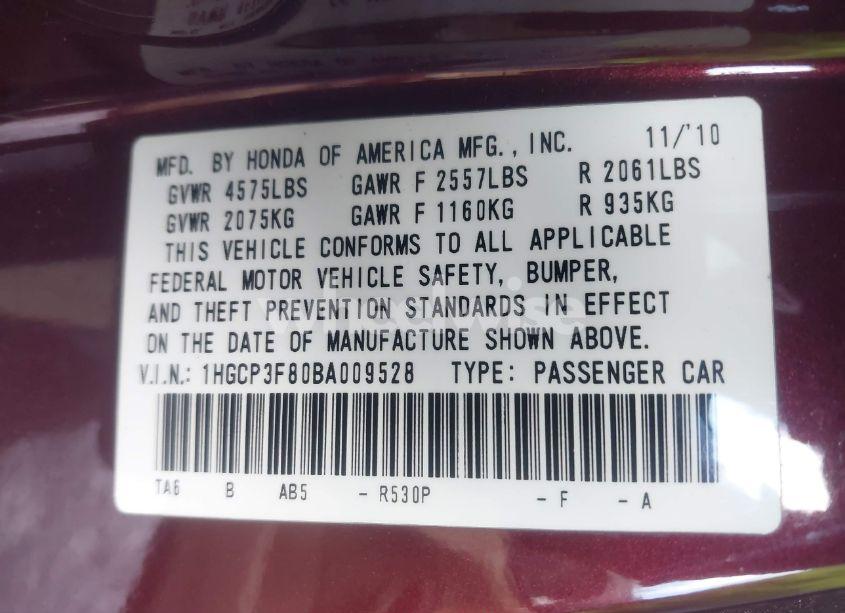 Photo 9 of 2011 Honda Accord 3.5 EX-L (VIN 1HGCP3F80BA009528)