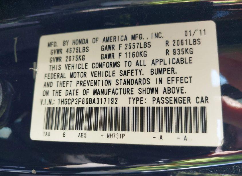 Photo 9 of 2011 Honda Accord 3.5 EX-L (VIN 1HGCP3F80BA017192)