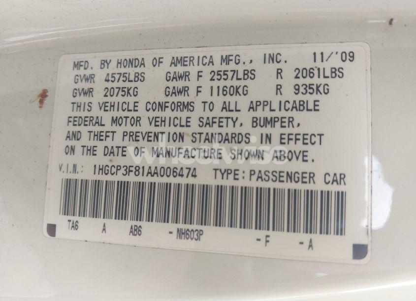 Photo 9 of 2010 Honda Accord 3.5 EX-L (VIN 1HGCP3F81AA006474)