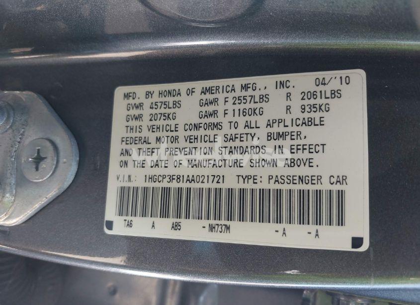 Photo 9 of 2010 Honda Accord 3.5 EX-L (VIN 1HGCP3F81AA021721)