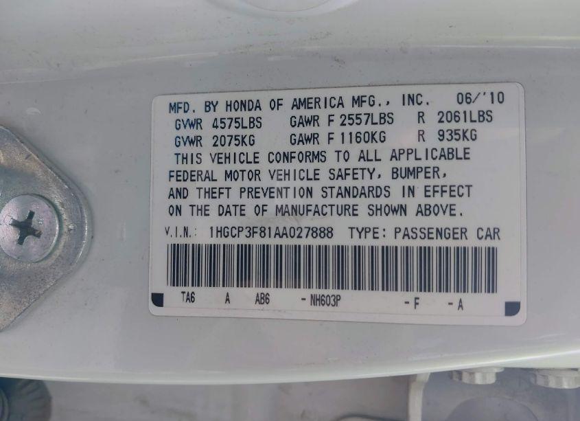 Photo 9 of 2010 Honda Accord 3.5 EX-L (VIN 1HGCP3F81AA027888)