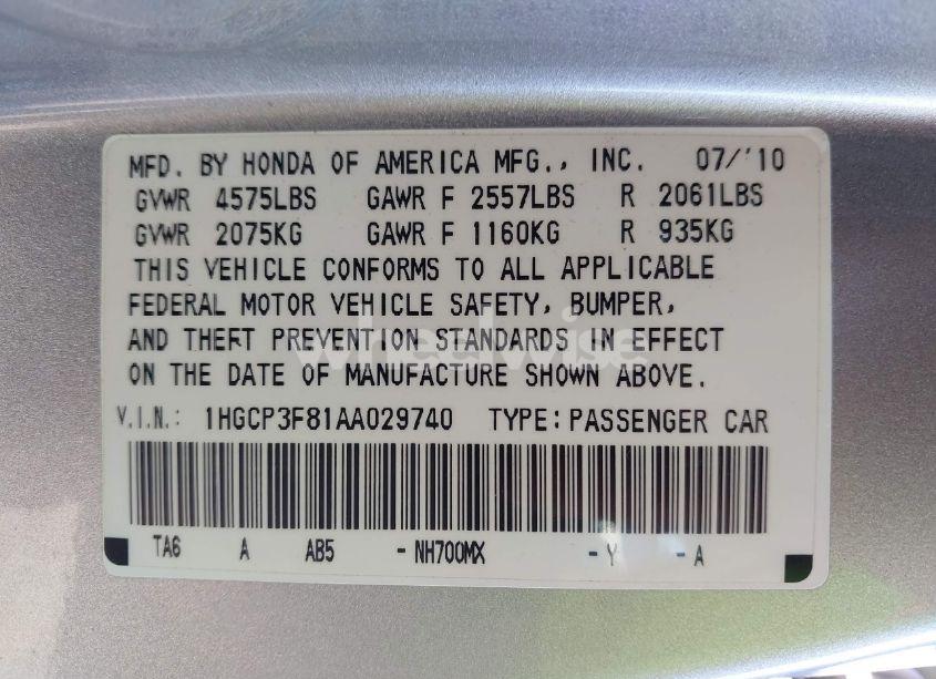 Photo 9 of 2010 Honda Accord 3.5 EX-L (VIN 1HGCP3F81AA029740)