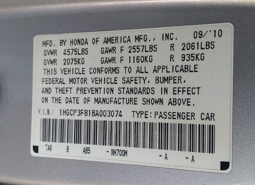 Photo 9 of 2011 Honda Accord 3.5 EX-L (VIN 1HGCP3F81BA003074)