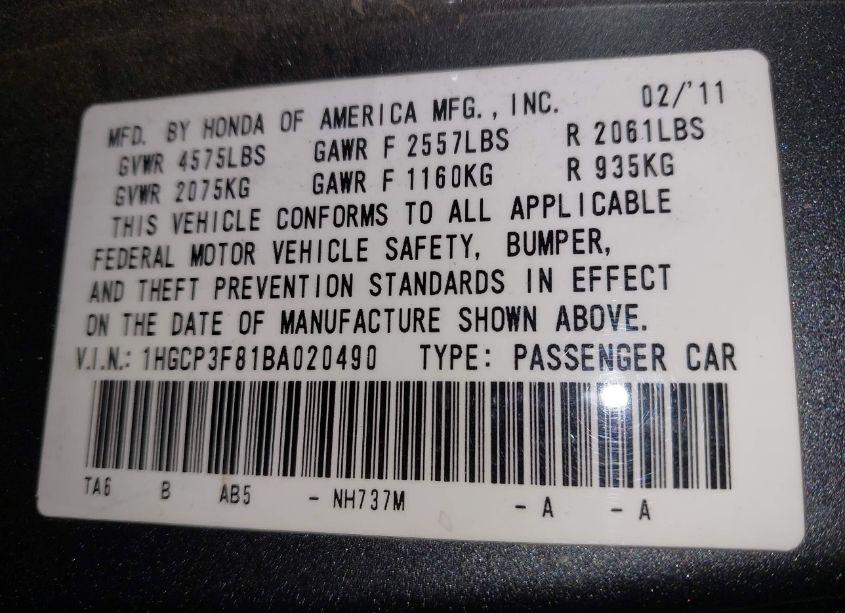 Photo 9 of 2011 Honda Accord 3.5 EX-L (VIN 1HGCP3F81BA020490)