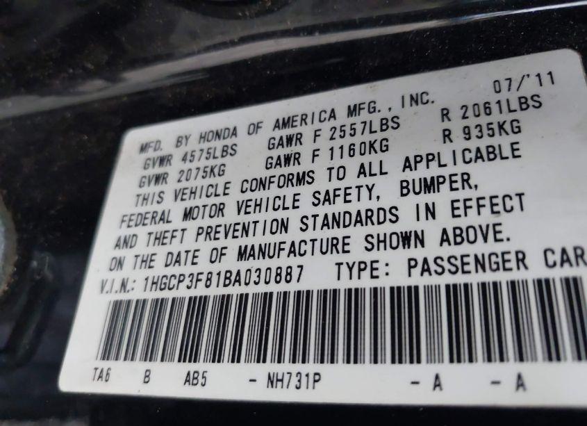 Photo 9 of 2011 Honda Accord 3.5 EX-L (VIN 1HGCP3F81BA030887)