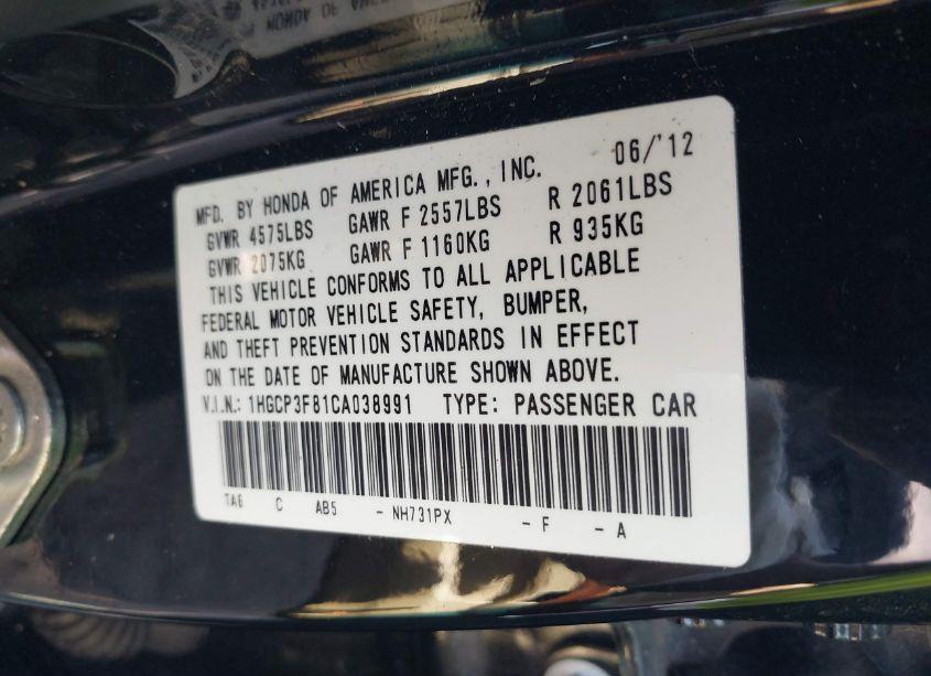 Photo 9 of 2012 Honda Accord 3.5 EX-L (VIN 1HGCP3F81CA038991)