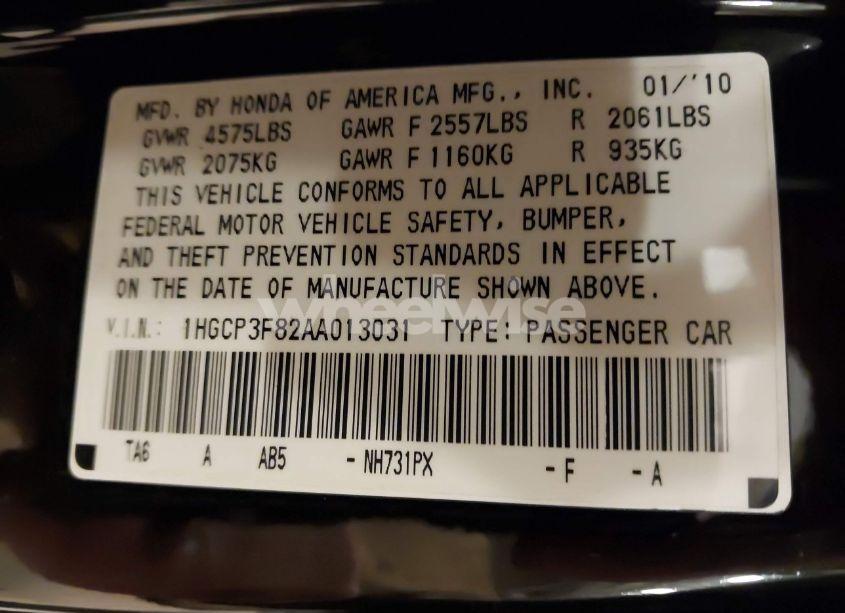 Photo 9 of 2010 Honda Accord 3.5 EX-L (VIN 1HGCP3F82AA013031)