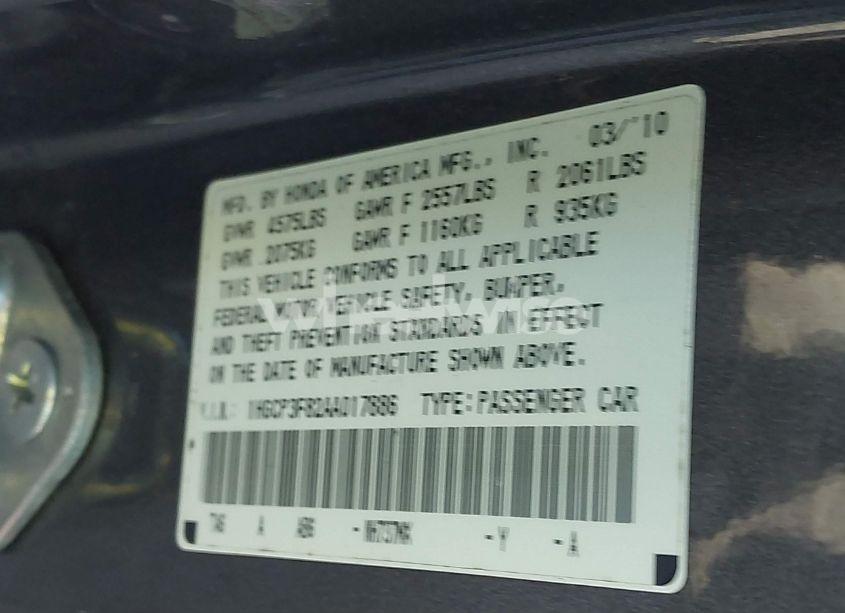 Photo 9 of 2010 Honda Accord 3.5 EX-L (VIN 1HGCP3F82AA017886)