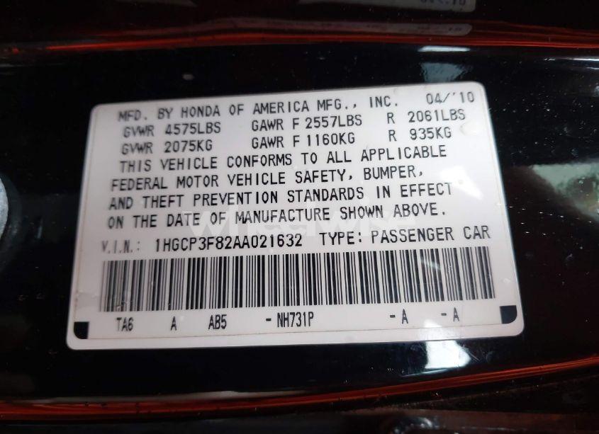 Photo 9 of 2010 Honda Accord 3.5 EX-L (VIN 1HGCP3F82AA021632)