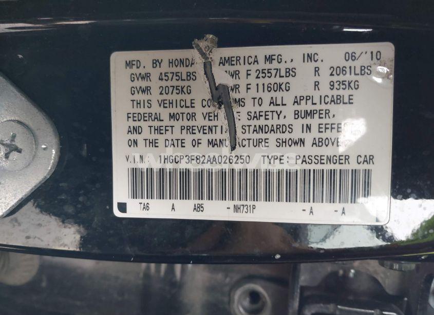 Photo 9 of 2010 Honda Accord 3.5 EX-L (VIN 1HGCP3F82AA026250)