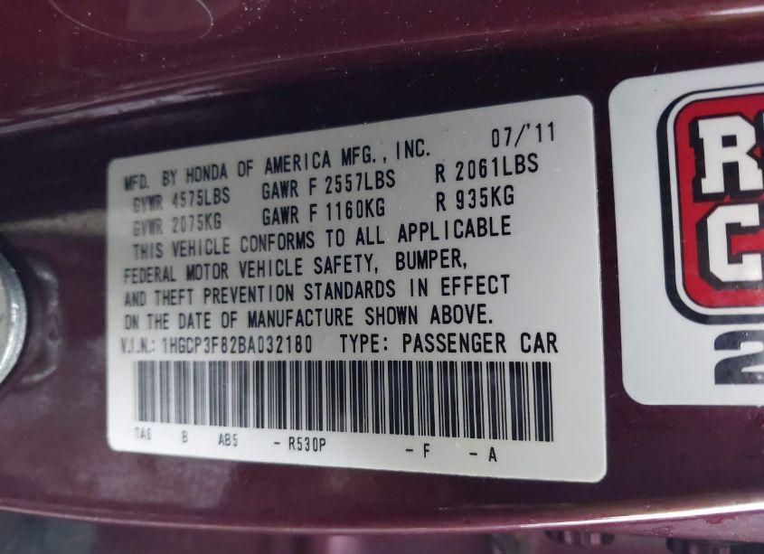 Photo 9 of 2011 Honda Accord 3.5 EX-L (VIN 1HGCP3F82BA032180)