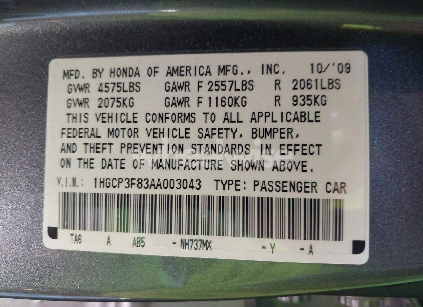 Photo 9 of 2010 Honda Accord 3.5 EX-L (VIN 1HGCP3F83AA003043)