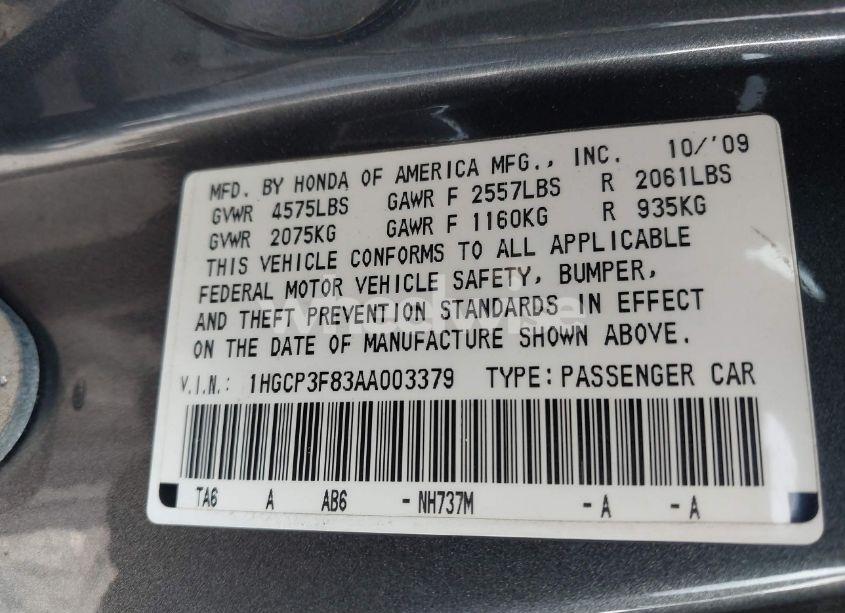 Photo 9 of 2010 Honda Accord 3.5 EX-L (VIN 1HGCP3F83AA003379)