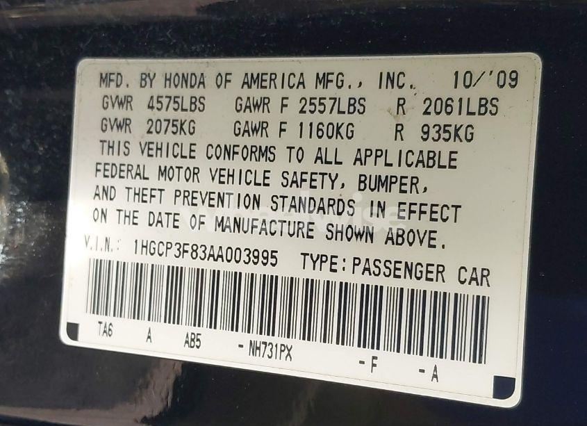 Photo 9 of 2010 Honda Accord 3.5 EX-L (VIN 1HGCP3F83AA003995)