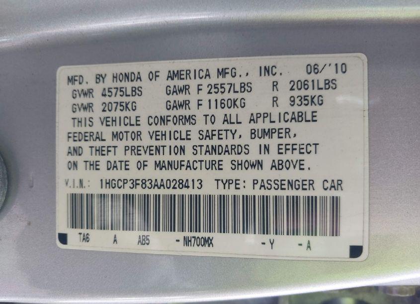 Photo 9 of 2010 Honda Accord 3.5 EX-L (VIN 1HGCP3F83AA028413)