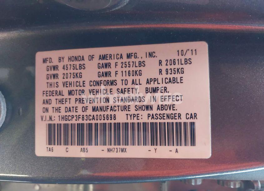 Photo 9 of 2012 Honda Accord 3.5 EX-L (VIN 1HGCP3F83CA005698)