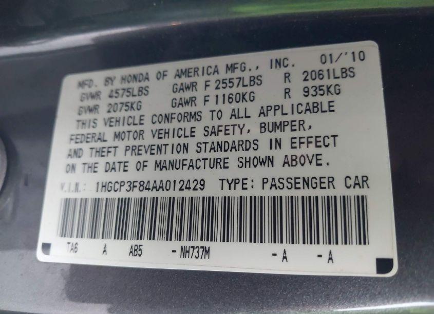 Photo 9 of 2010 Honda Accord 3.5 EX-L (VIN 1HGCP3F84AA012429)