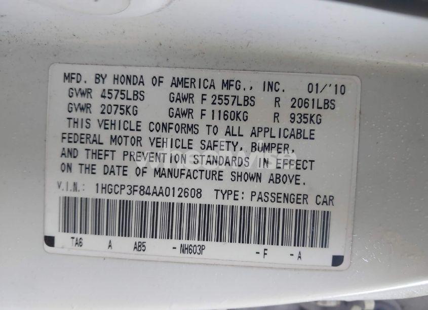 Photo 9 of 2010 Honda Accord 3.5 EX-L (VIN 1HGCP3F84AA012608)
