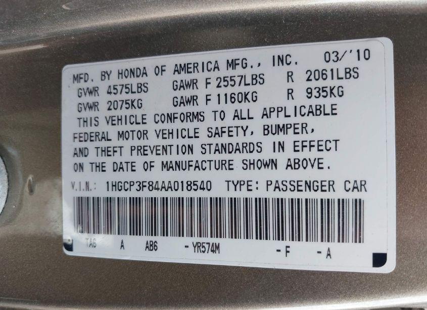 Photo 9 of 2010 Honda Accord 3.5 EX-L (VIN 1HGCP3F84AA018540)