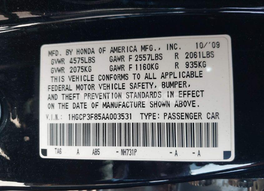 Photo 9 of 2010 Honda Accord 3.5 EX-L (VIN 1HGCP3F85AA003531)