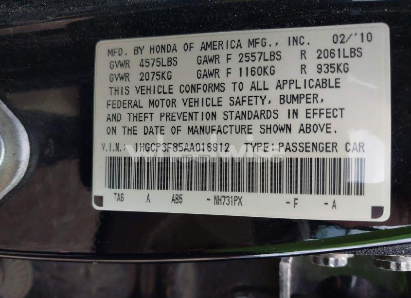 Photo 9 of 2010 Honda Accord 3.5 EX-L (VIN 1HGCP3F85AA016912)
