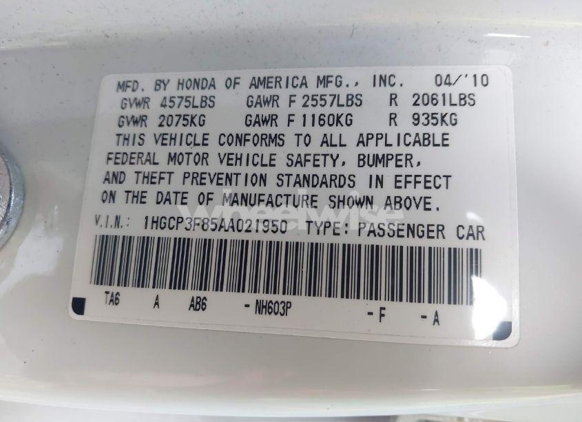 Photo 9 of 2010 Honda Accord 3.5 EX-L (VIN 1HGCP3F85AA021950)