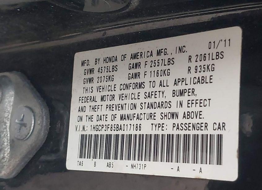 Photo 9 of 2011 Honda Accord 3.5 EX-L (VIN 1HGCP3F85BA017186)