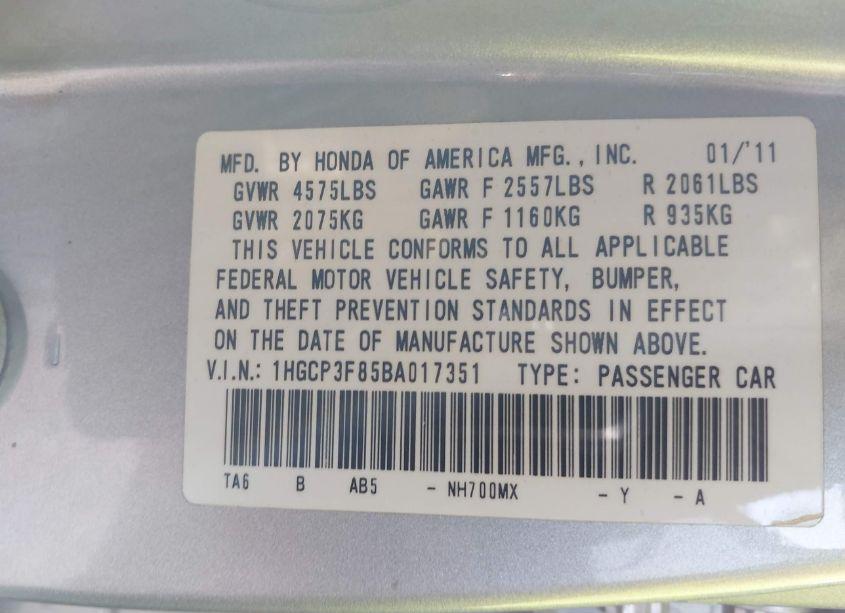 Photo 9 of 2011 Honda Accord 3.5 EX-L (VIN 1HGCP3F85BA017351)