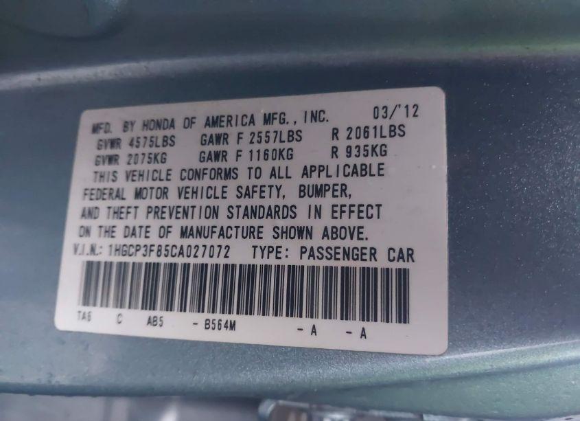 Photo 9 of 2012 Honda Accord 3.5 EX-L (VIN 1HGCP3F85CA027072)