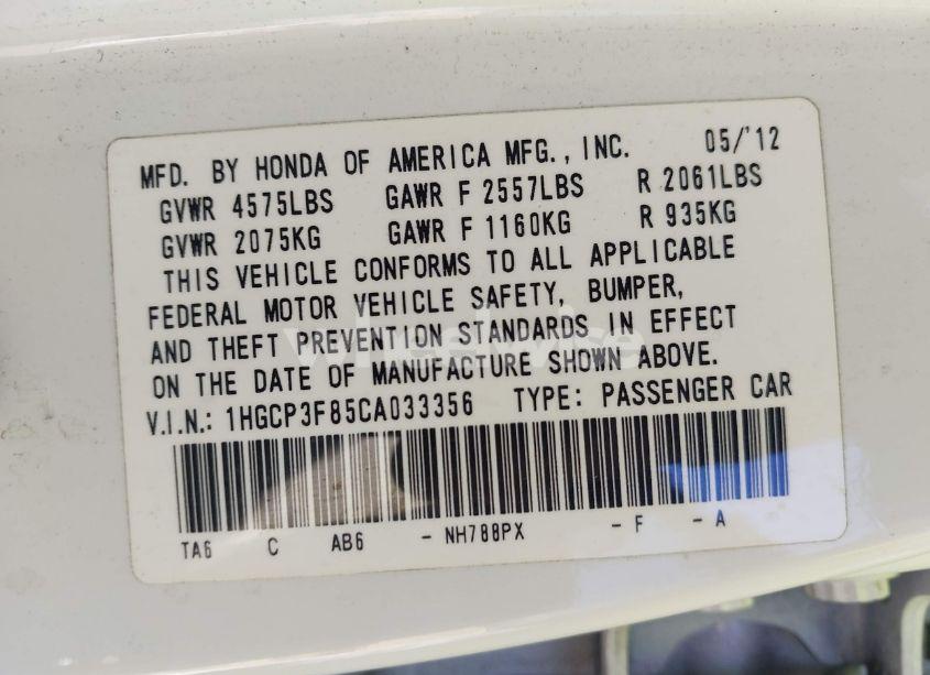 Photo 9 of 2012 Honda Accord 3.5 EX-L (VIN 1HGCP3F85CA033356)