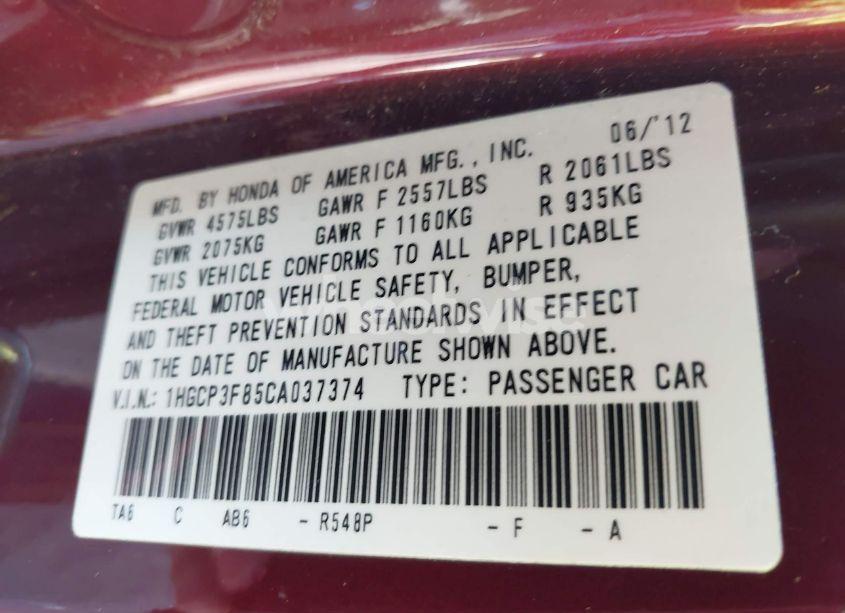 Photo 9 of 2012 Honda Accord 3.5 EX-L (VIN 1HGCP3F85CA037374)