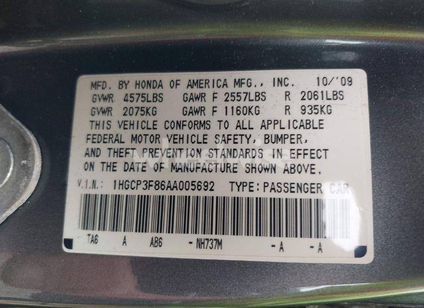 Photo 9 of 2010 Honda Accord 3.5 EX-L (VIN 1HGCP3F86AA005692)